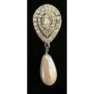 VTG Brooch Clear Crystal Rhinestones Pear Cut Silver Tone Large Faux Pearl Drop